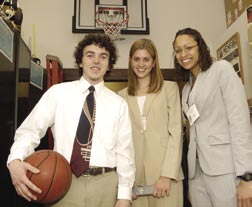 The system’s inventors are Whiting School students (from left) Steve Garber ’05, Burkholder, and Ashanna Randall ’05 (who is also at top right). They provided details on their prototype system to the project’s sponsor, Blind Industries and Services of Maryland, for possible further development.