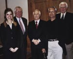 At the “Inside the Mind of the CEO” event are (from left) Ashlyn Schniederjans, a senior who is president of Alpha Kappa Psi, and the speakers: John H. Beakes ’77 M.A., chairman, Next Century Corporation; Michael G. Stolarik ’73, president and COO, Analex Corporation; Prakash C. Bhatt, president of VF Factory Outlet (and father of Reena A. Phatt ’00); and Ronald L. Gue ’60, ’64 PhD, chairman, Phoenix Health Systems.