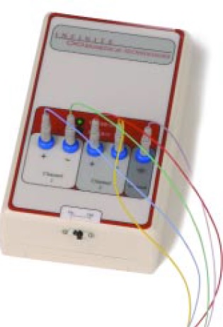 This small two-channel “headbox” is now being developed at IBT. In a critical care unit, its dangling electrodes would be hooked up to a patient’s head. The headbox would then wirelessly transmit brain rhythms to a diagnostic monitor. The monitor (on page 12) is displaying the raw data of brain rhythms—the EEG at the top of the screen—as well as the neuroelectrical parameters to assess brain function.