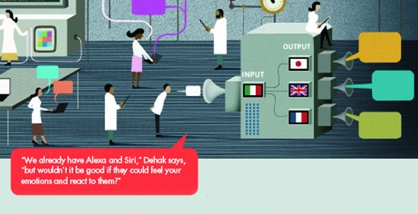 Illustration of scientists examining speech input and output for translation