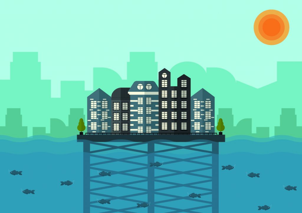 Illustration of city floating on water