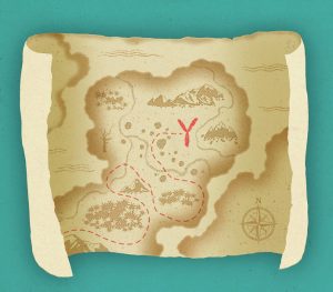A photo of a an old brown map showing the pathway to the letter Y.