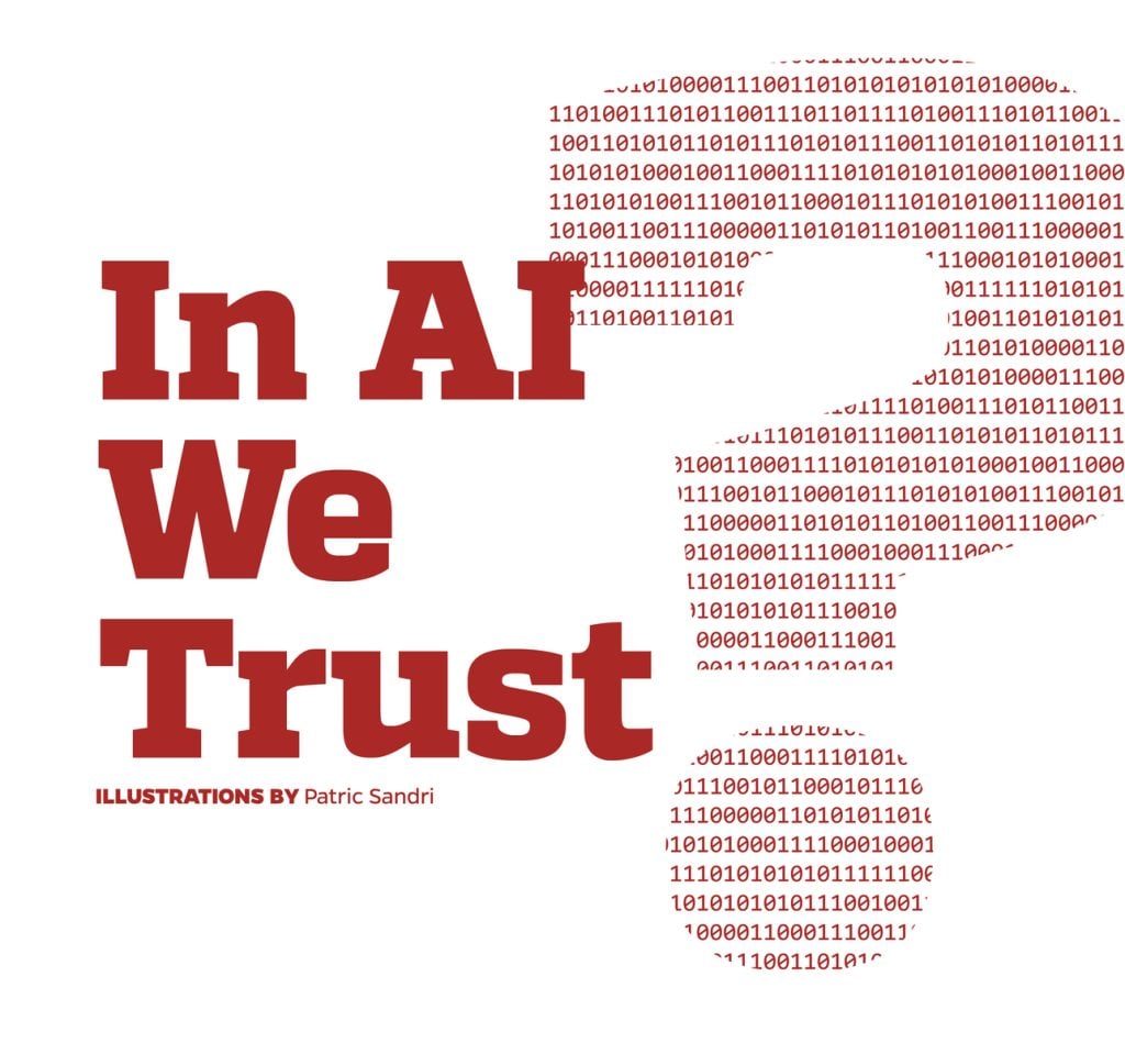 Red letters reading "In AI We Trust" with a large question mark made from zeros and ones