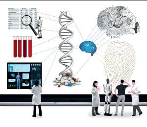Illustration showing a double helix, a brain, researchers in lab coats, and a magnifying glass
