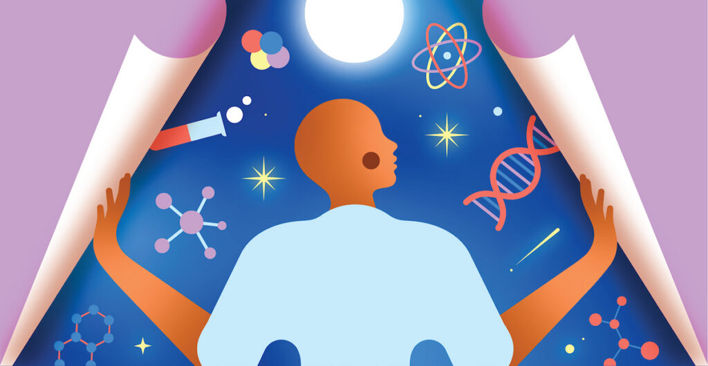 An illustration of a person opening paper and looking at space, filled with science-related graphics.