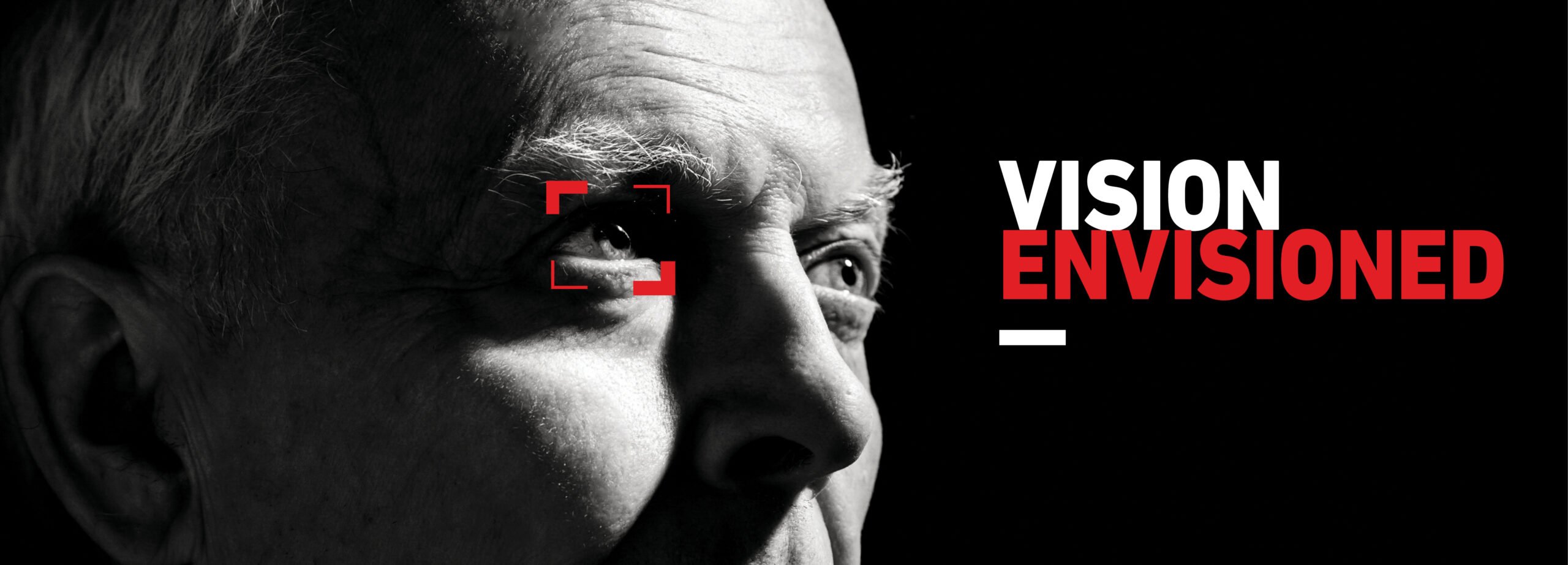 image of a closeup of someone's face with a red box around their eye and the words "Vision Envisioned" set in the foreground