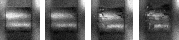 A camera with a speed of 100 million frames per second took these sequential photos of a ceramic cylinder as it is crushed between two metal bars.