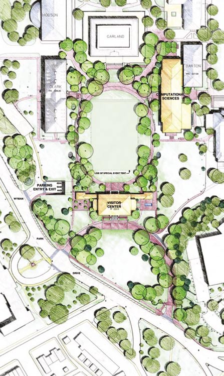This artist’s rendering of the Decker Quadrangle project shows the lawn for recreation and events, the Computational Sciences and Engineering (CSE) Building on the right, the Visitor Center across from Garland Hall, and the entrance to the underground parking garage on the left. The CSE Building will connect with Barton Hall and features a walk-through to the Decker Quadrangle. The Whiting- Turner Contracting Company is managing the construction. The architects are with the Boston firm of Shepley, Bulfinch, Richardson and Abbott, assisted by Baltimore engineers James Posey Associates, RKK Engineers, and Morabito Consultants.