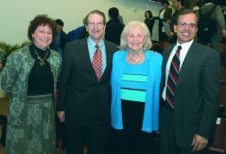 At the Blumenthal Lecture, Rajendra Singh (right) spoke on entrepreneurship. Among the distinguished guests were (from left) Ilene Busch-Vishniac, dean of the Whiting School; William R. Brody, president of the Johns Hopkins University; and Mitzi Blumenthal, who with her late husband, Sydney Blumenthal ’37, made possible the lecture and its accompanying award.