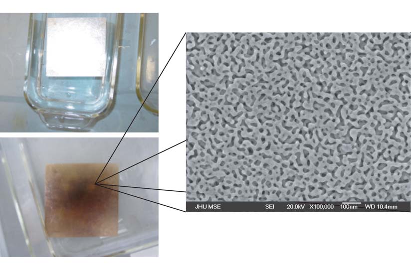 In his research, Jonah Erlebacher has found that after an alloy of silver and gold becomes “dealloyed,” the resulting spongelike nanoporous architecture (see enlargement) can be used as a building block for new kinds of materials. (upper left) Silver/gold leaf floating on water, (lower left) Nanoporous gold floating on water; and (right) Nanoporous gold at X100,000 magnification