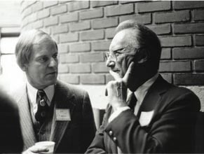At the Whiting School’s opening ceremonies 25 years ago, Hackerman (right) converses with F. Pierce Linaweaver ’55, ’65 PhD, who at the time was president of the Johns Hopkins Alumni Association.