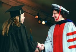“We have grown the undergraduate population almost 25 percent, and done so while raising the standards for admission,” notes Ilene Busch-Vishniac, who congratulates a graduate of the Whiting School of Engineering.