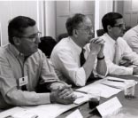 Among those convening for a 1993 meeting were (from left) Robert F. Bradley ’73, ’96 SPSBE (MS); James E. McClaine ’63; and Sanford R. “Sandy” Buxbaum ’79, ’83 MS, ’86 PhD.