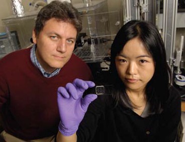 Associate professor Andre Levchenko, here with PhD candidate Hojung Cho, has developed a way to mimic neuron growth on a microchip.