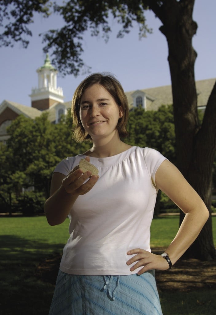 Katherine Acton holds one of the composites that fascinate her. “Great engineering research depends on a solid mathematical basis,” notes Lori Graham-Brady, Acton’s adviser, “but to have a real impact on the world, the results of this research must be communicated clearly and effectively. Katherine’s double major in mathematics and English puts her in an ideal position for a highly successful career in research.”