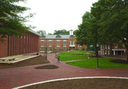 The new plaza in front of Garland, Levering, and Hodson Hall improves the routes for both pedestrians and vehicles.