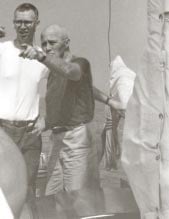 Bernard C. Boykin ’54 (left), a lifelong friend of the Kouwenhoven family, and “Wild Bill” on The Wilabil, the family’s schooner. Kouwenhoven and his wife, Abigail, took groups of his colleagues and students on annual fishing and sailing outings on the Chesapeake Bay.
