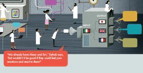 Illustration of scientists examining speech input and output for translation