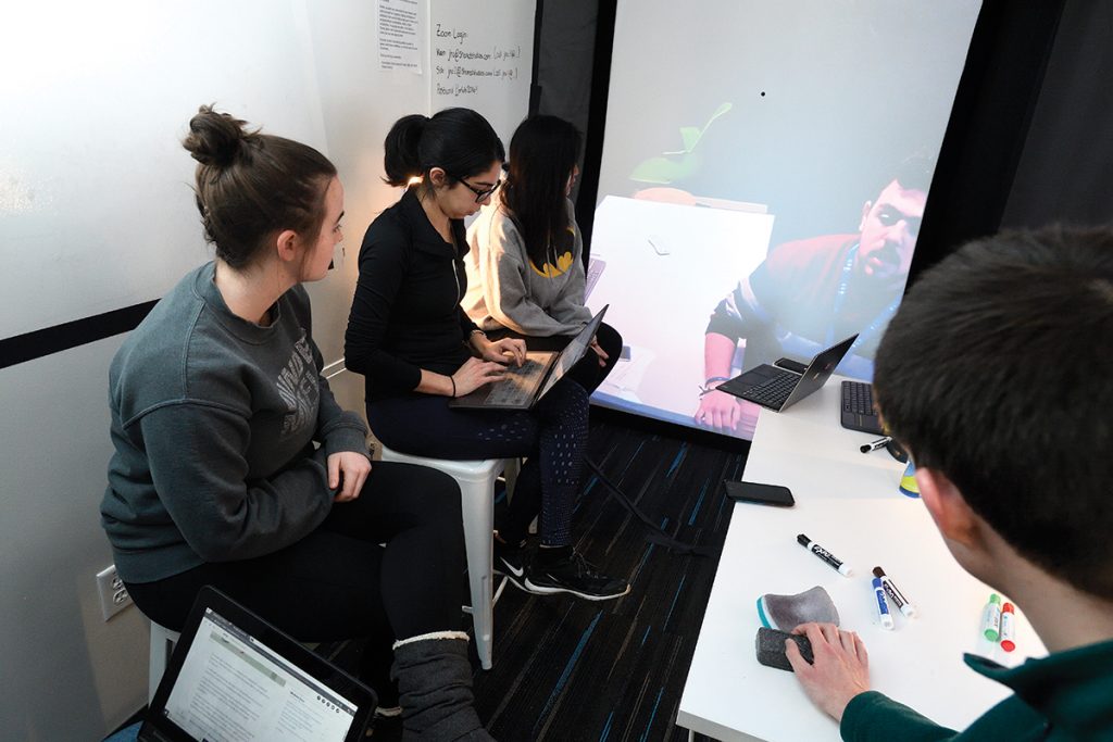 Johns Hopkins students discuss design ideas with their counterparts in the Middle East via a real-time communication portal