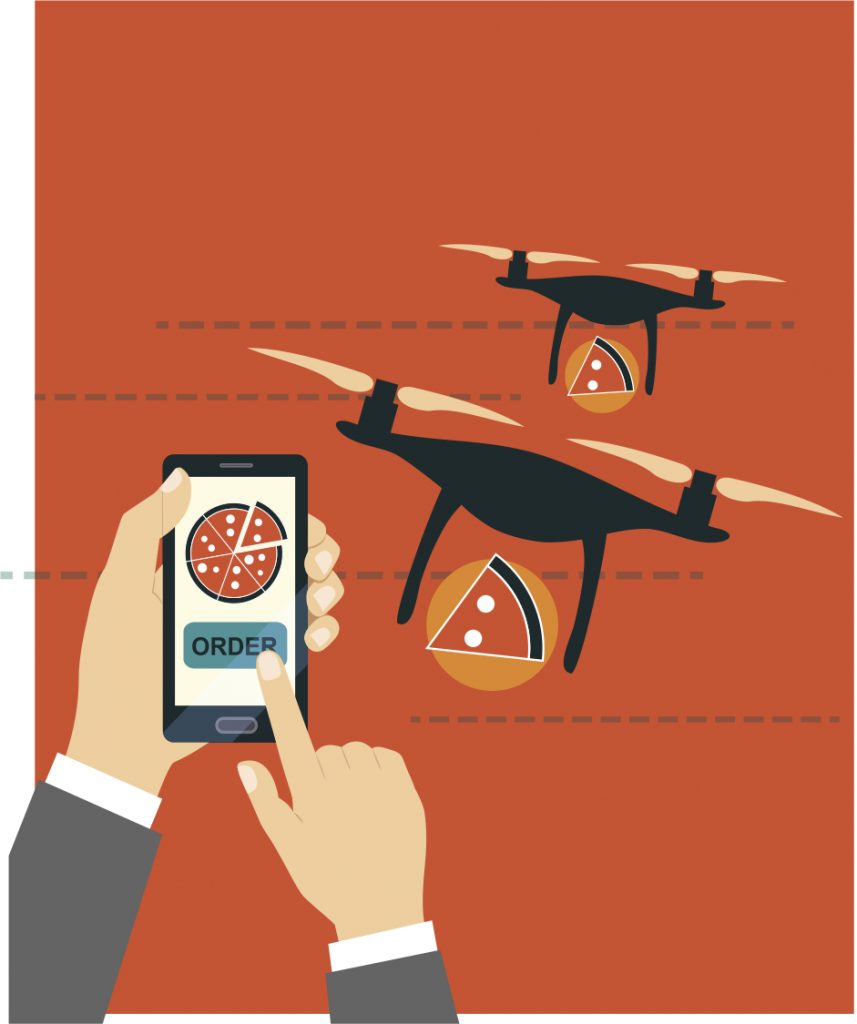 Illustration of a pizza-delivering drone