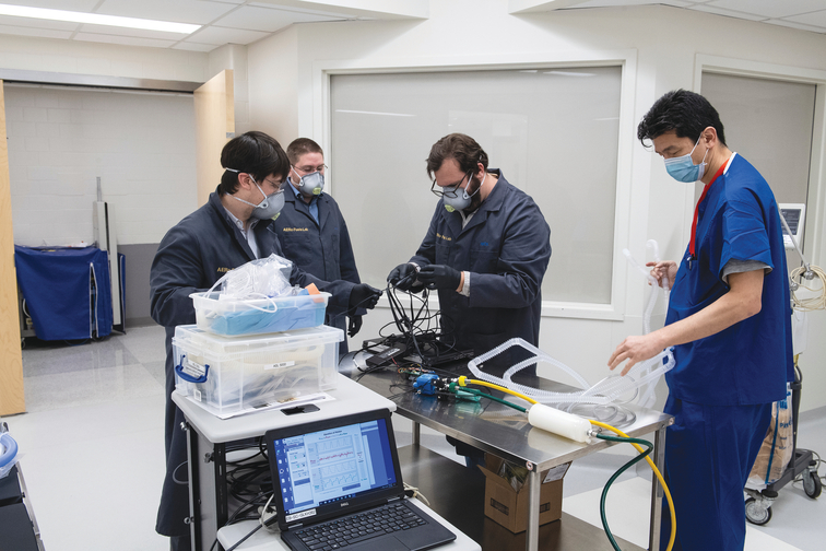 Nick Keim and Johns Hopkins researchers test a pumpless ventilator