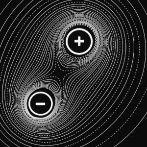 Vector abstract illustration with topographic lines of two charged particles interacting. Magnetic field between two atoms.