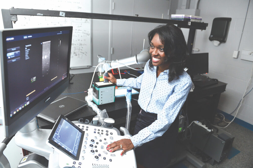 John C. Malone Assistant Professor Muyinatu (Bisi) Bell works in her Barton Hall lab.