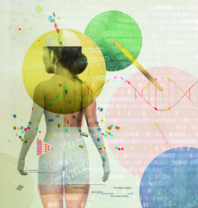 Illustration of the back of a female figure with superimposed genes and human DNA helix graphics
