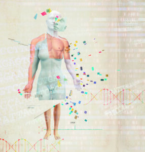 Illustration of human form with superimposed genes and human DNA helixes