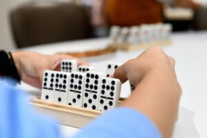 Photograph of dominoes tiles in a wooden holder