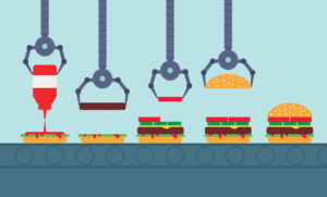 Illustration of hamburgers being assembled on a conveyor belt by robots