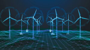 A rendering of wind turbines on a topographic map. There is a blue color cast.