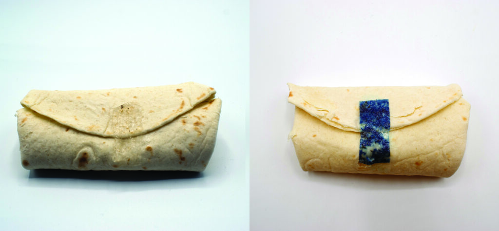 Image of a burrito sealed with Tastee Tape adhesive
