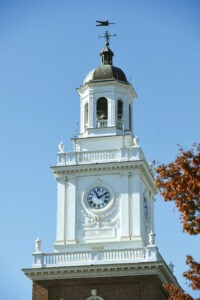 Photograph of the Gilman Hall clock tower at JHU