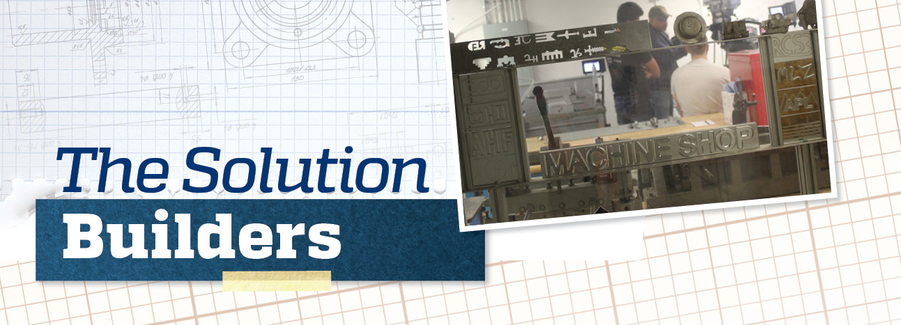 Banner reading "The Solution Builders" on a blueprint background