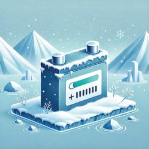 An illustration of a lithium battery in as= snowy, icy landscape.