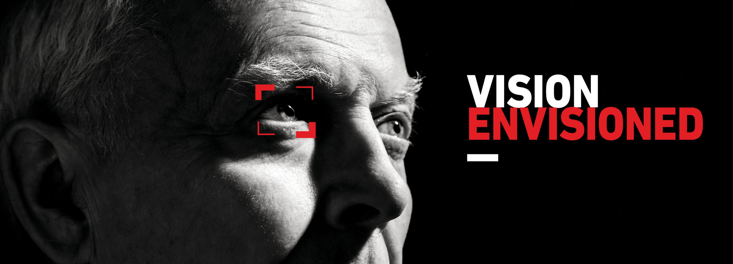 image of a closeup of someone's face with a red box around their eye and the words "Vision Envisioned" set in the foreground