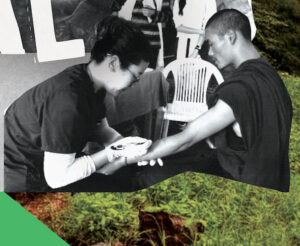 black-and-white image of a student doing a healthcare check up on a patient