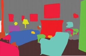 color overlay of how computer vision identifies objects in a living room including the couches and the fireplace