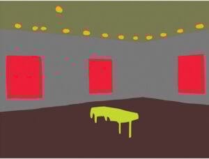computer-vision overlay of color blocks to represent elements in the museum gallery including the observation bench in the middle of the room