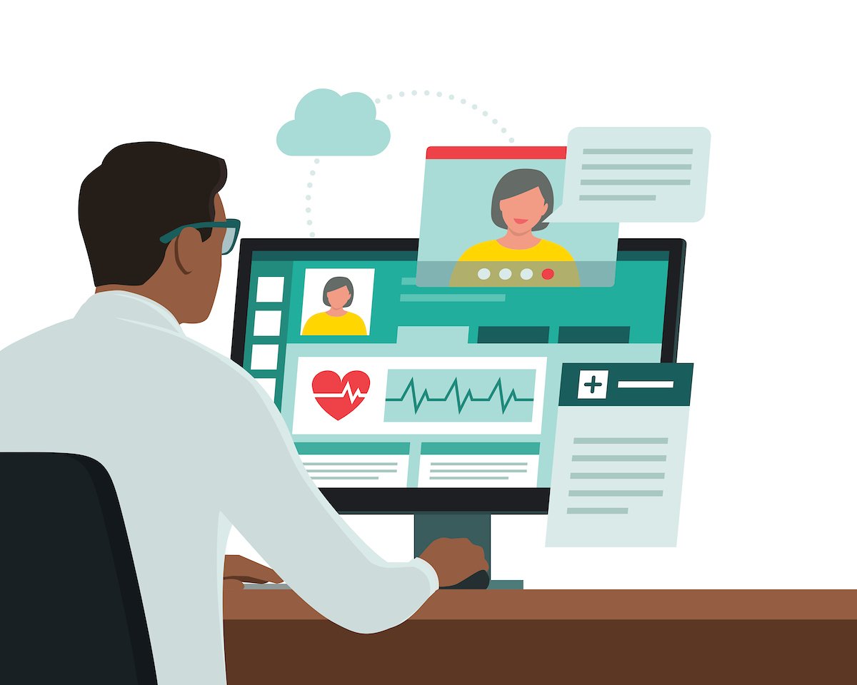 Illustration of aman sitting at a desktop computer screen.