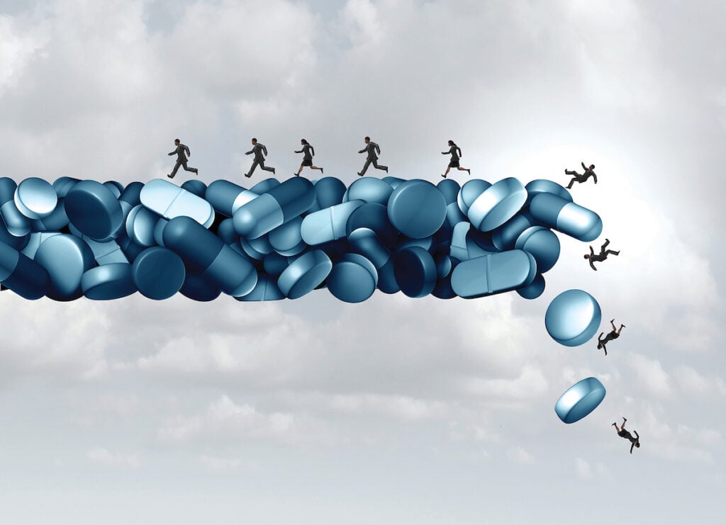 An illustration of people falling off of cliff made out of pills.