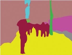 color overlay of computer vision which identifies and colors like objects including people and buildings