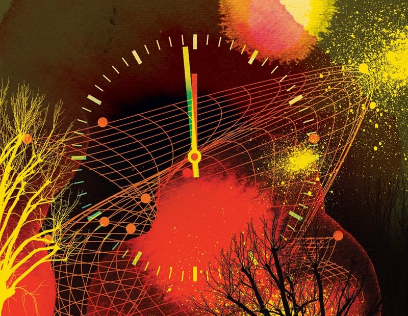Abstract illustration featuring a large clock overlaid on a warped grid resembling a space-time diagram, surrounded by vivid red, orange, and yellow bursts of color.
