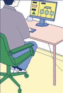 Illustration of a person sitting in a green chair at a desk using a computer.