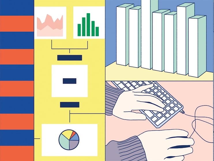 Illustration of charts, bar graphs, and hands typing on a keyboard in a split-screen layout.