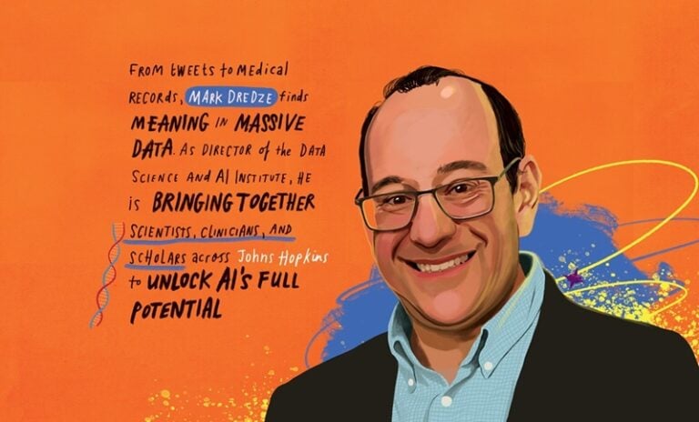 Illustrated portrait of Mark Dredze in glasses on an orange background, alongside text about using large datasets and leading collaborative AI research at Johns Hopkins.