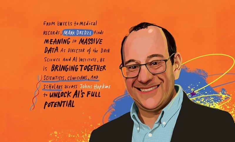 Illustrated portrait of Mark Dredze in glasses on an orange background, alongside text about using large datasets and leading collaborative AI research at Johns Hopkins.