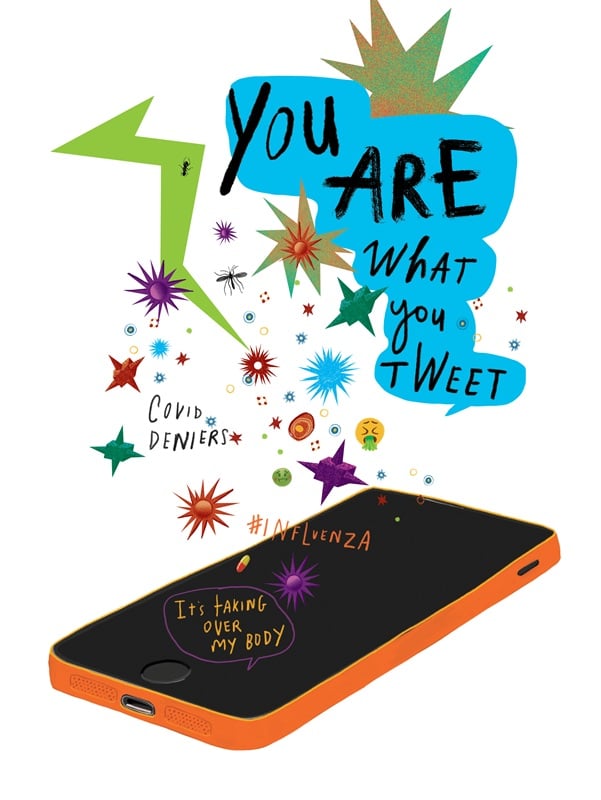 illustration of a cell phone with words and emojis representing social media posts and the phrase "You are what you tweet."
