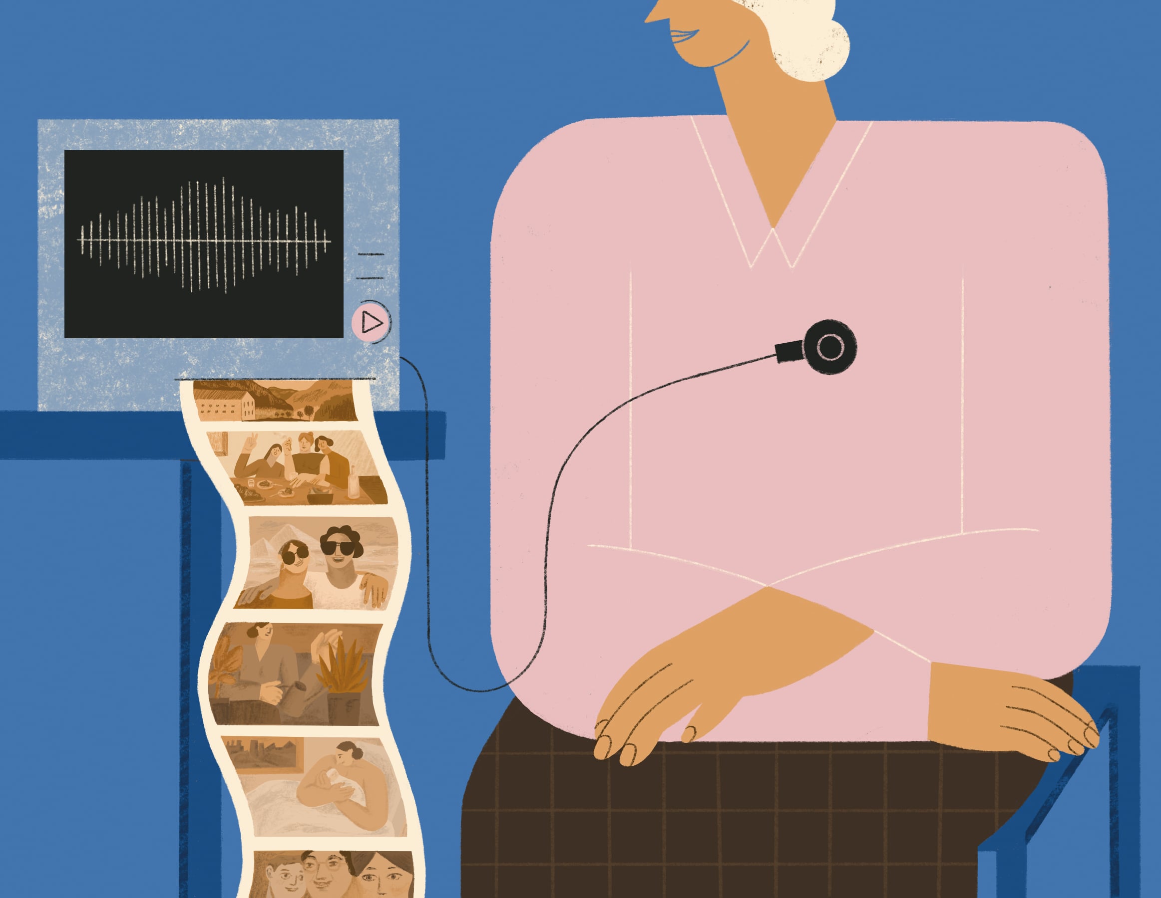 Illustration of a person using an audio recorder and monitor beside a strip of printed photos.